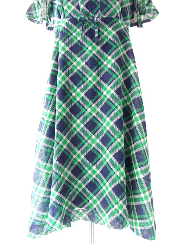 ヨーロッパ古着　フランス買い付け ６０年代製 グリーン X ブルー タータンチェック ヴィンテージ ワンピース : 14FC007
