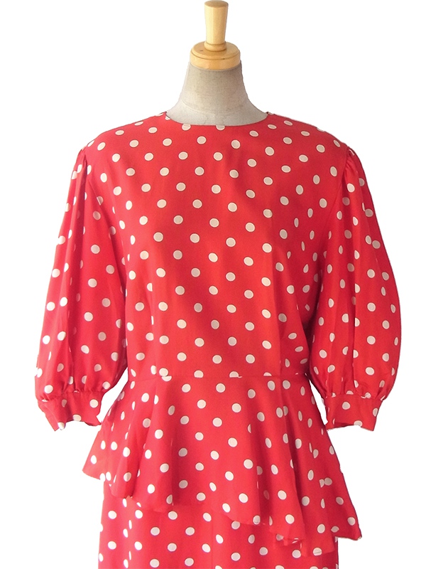 【送料無料】フランス買い付け ６０年代製 レッド X ホワイト 水玉 ヴィンテージ ２ピース セットアップ 14FC021【ヨーロッパ古着】