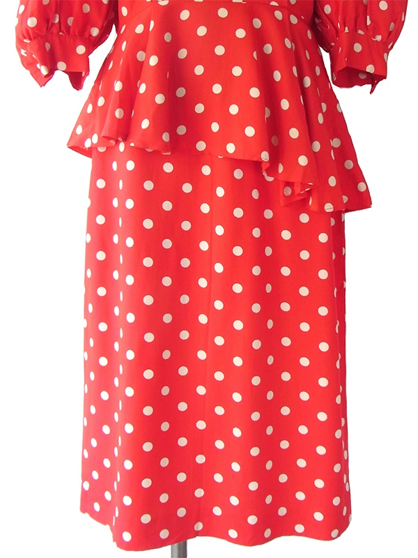 【送料無料】フランス買い付け ６０年代製 レッド X ホワイト 水玉 ヴィンテージ ２ピース セットアップ 14FC021【ヨーロッパ古着】