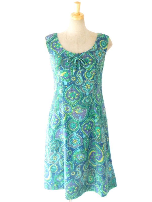 フランス買い付け ６０年代製 ブルー x グリーン ペイズリー柄 X フロントリボン レトロワンピース