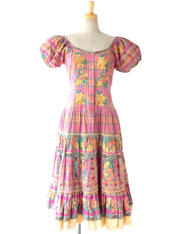 フランス買い付け 60年代製 花柄刺繍入り プロヴァンス風生地のマキシワンピース 14FC302
