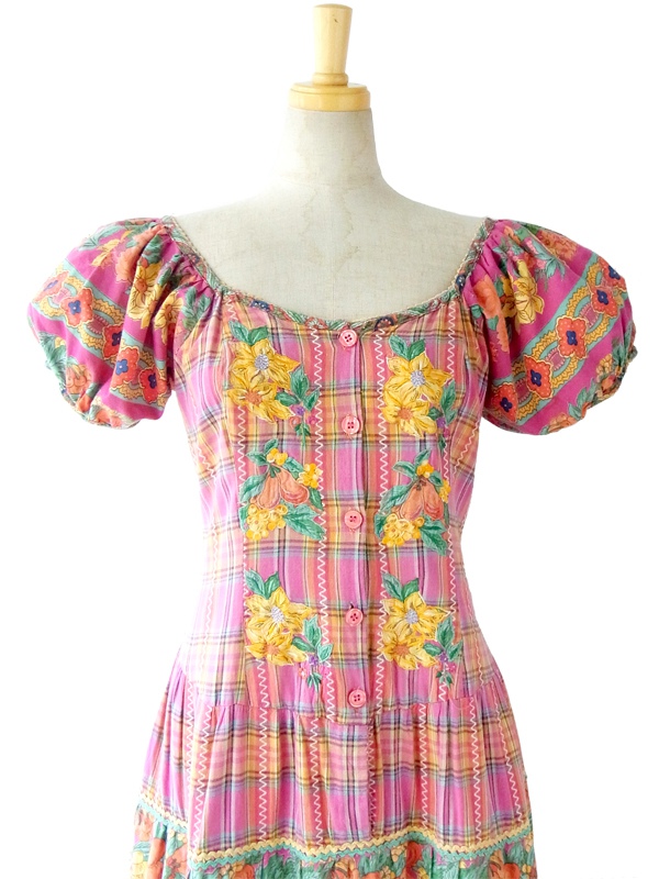 フランス買い付け 60年代製 花柄刺繍入り プロヴァンス風生地のマキシワンピース 14FC302