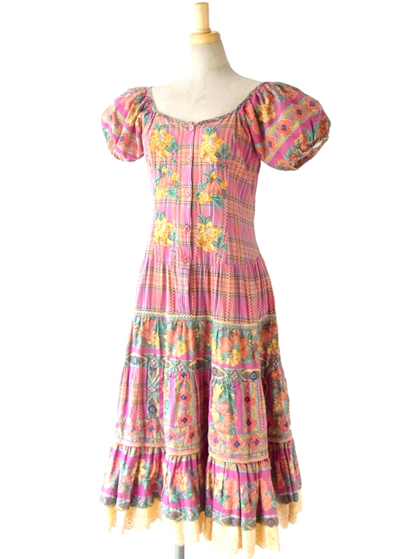 フランス買い付け 60年代製 花柄刺繍入り プロヴァンス風生地のマキシワンピース 14FC302