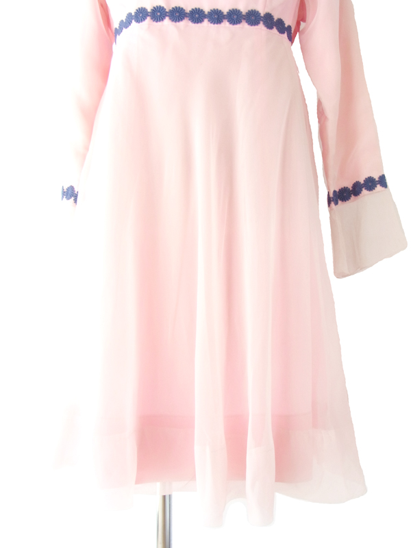 フランス買い付け ６０年代製 ピンクシフォン生地 X ブルー・花のケミカルレース ワンピース