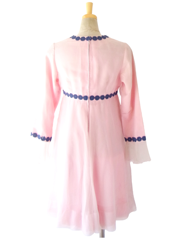 フランス買い付け ６０年代製 ピンクシフォン生地 X ブルー・花のケミカルレース ワンピース