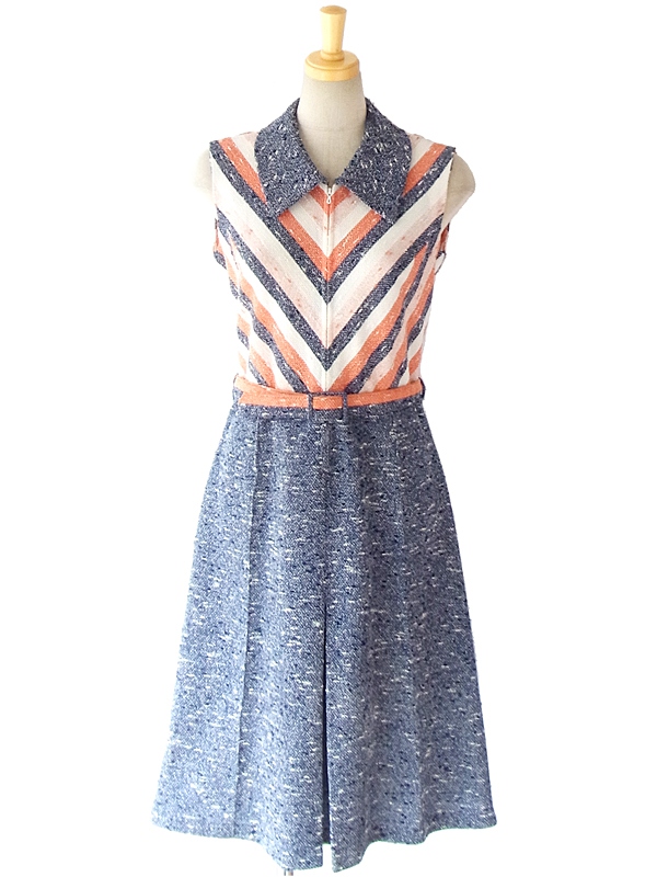 ６０年代フランス製 オレンジ・ホワイト・ネイビー ストライプ × バイヤスデザイン ヴィンテージ ワンピース 14FC305