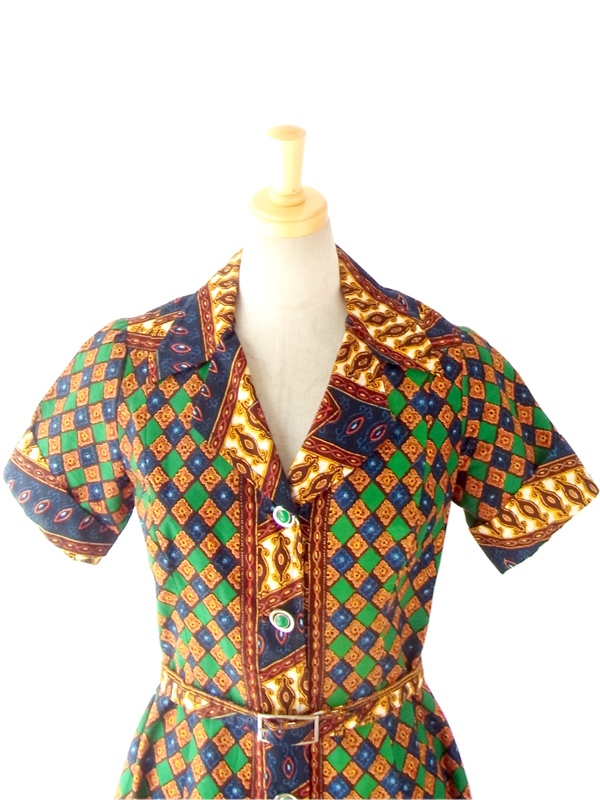 フランス買い付け ６０年代製 ヨーロピアン風 クラシカルプリント ベルト付き アンティーク ワンピース