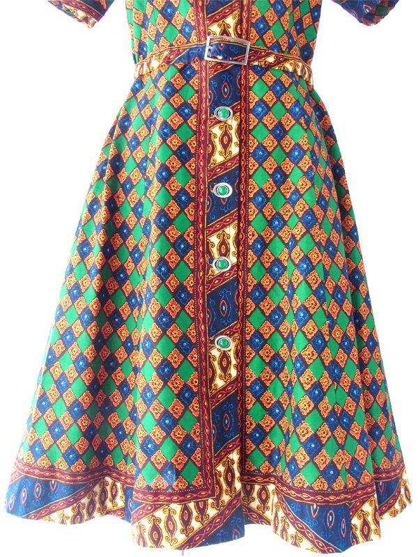 フランス買い付け ６０年代製 ヨーロピアン風 クラシカルプリント ベルト付き アンティーク ワンピース