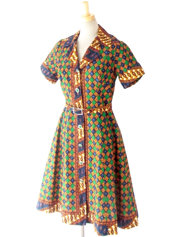 フランス買い付け ６０年代製 ヨーロピアン風 クラシカルプリント ベルト付き アンティーク ワンピース