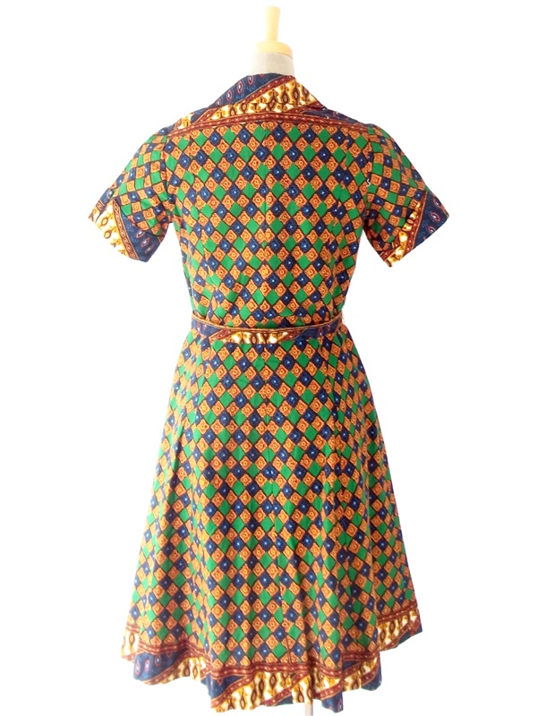 フランス買い付け ６０年代製 ヨーロピアン風 クラシカルプリント ベルト付き アンティーク ワンピース