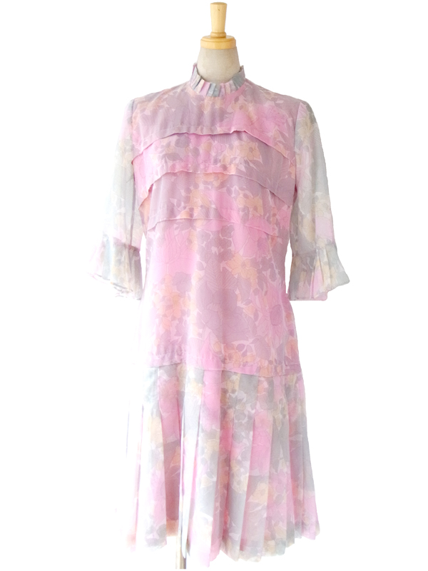  ヨーロッパ古着 フランス買い付け ６０年代製 ピンク X 花柄プリント たっぷりプリーツ シフォン ワンピース 14FC420 