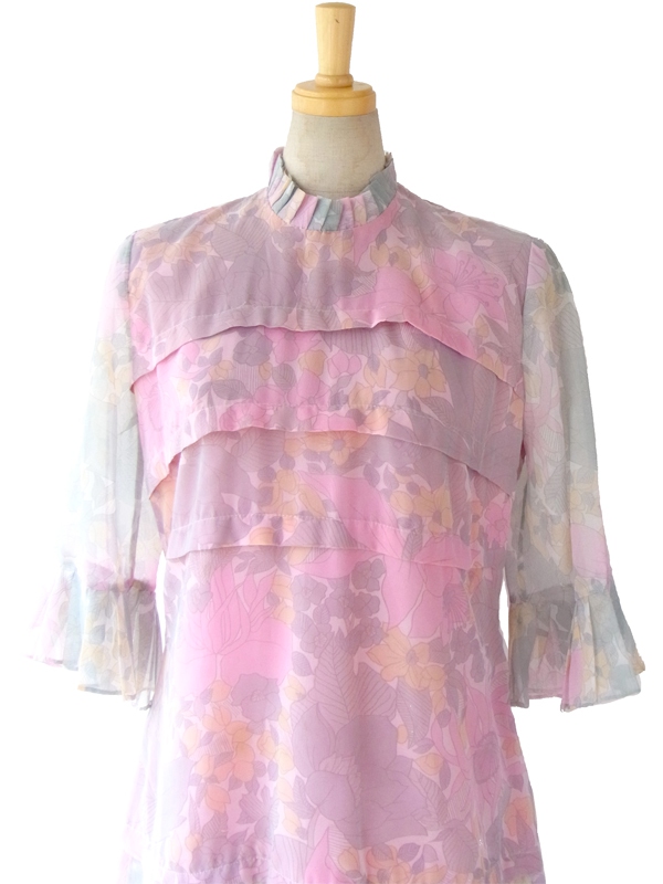  ヨーロッパ古着 フランス買い付け ６０年代製 ピンク X 花柄プリント たっぷりプリーツ シフォン ワンピース 14FC420 
