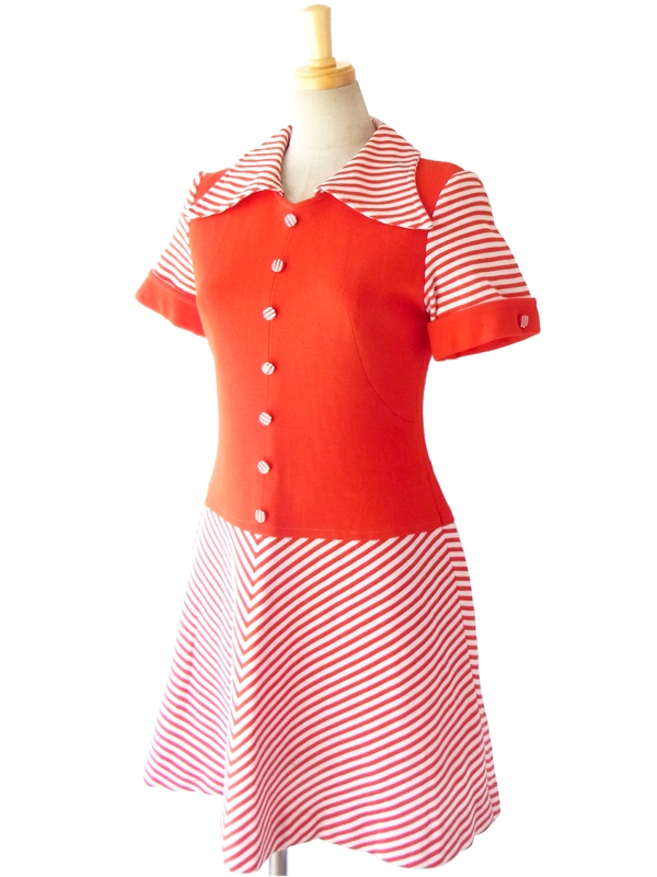 ヨーロッパ古着 フランス買い付け ６０年代製 レッド・ホワイト バイカラー ストライプ レトロデザイン ヴィンテージ ワンピース 14FC511