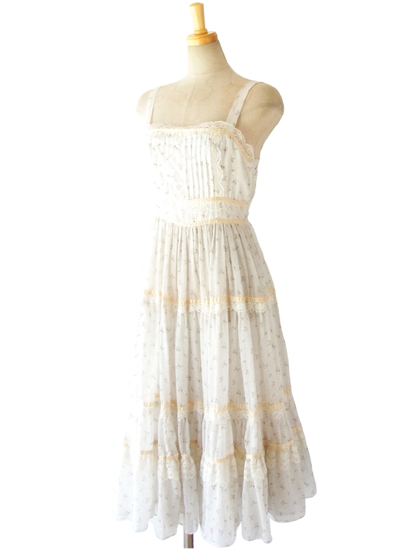 70年代アメリカ製 GUNNE SAX ガニーサックス ホワイト ガーリー花柄 ヴィンテージ ワンピース 14SP101
