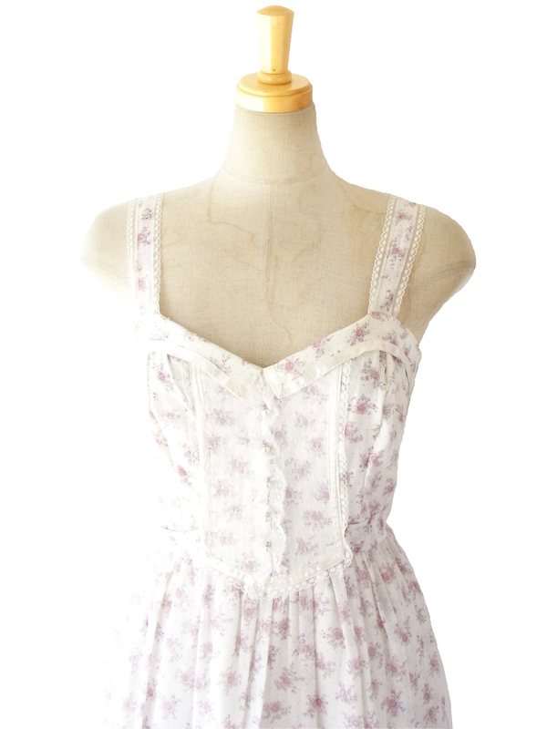 70年代アメリカ製 GUNNE SAX ホワイト ライラック ガーリー花柄 マキシワンピース 14SP102