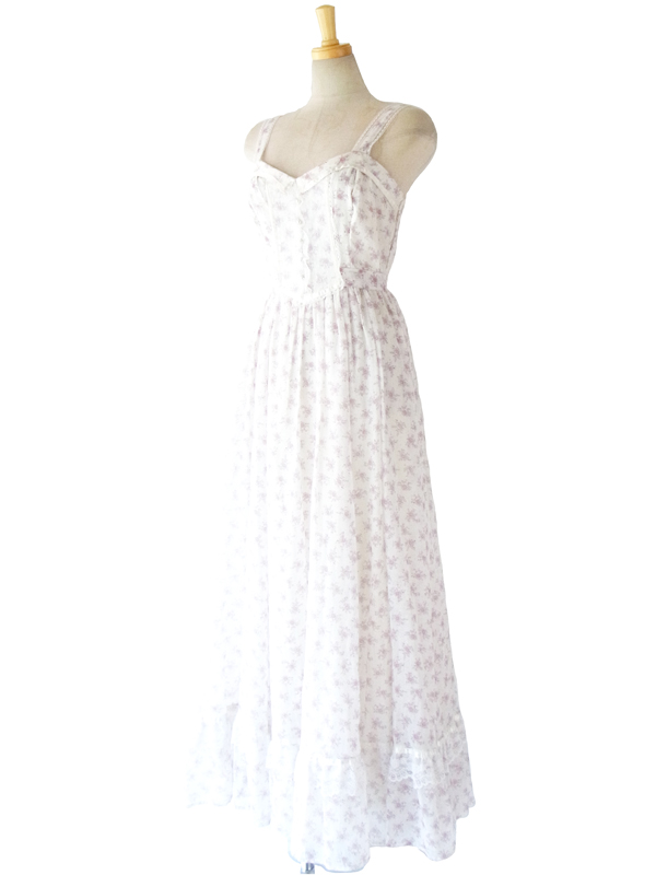 70年代アメリカ製 GUNNE SAX ホワイト ライラック ガーリー花柄 マキシワンピース 14SP102