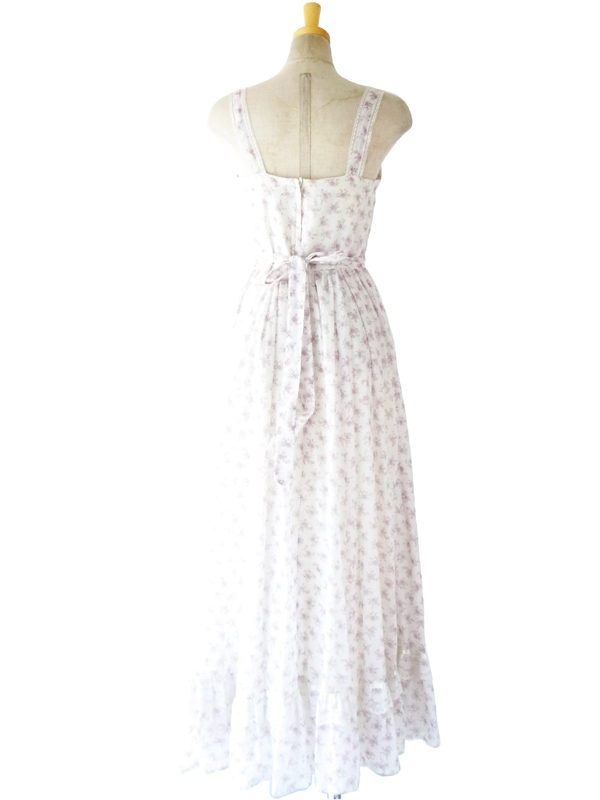 70年代アメリカ製 GUNNE SAX ホワイト ライラック ガーリー花柄 マキシワンピース 14SP102