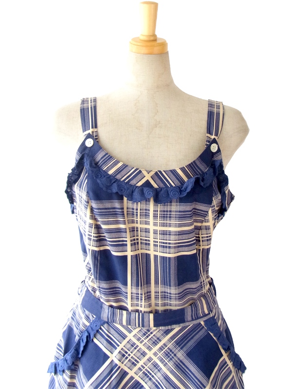 ヨーロッパ古着 ロンドン買い付け 60年代製 ブルー X ベージュ シャドーチェック ヴィンテージ ストラップ ワンピース 15BS011