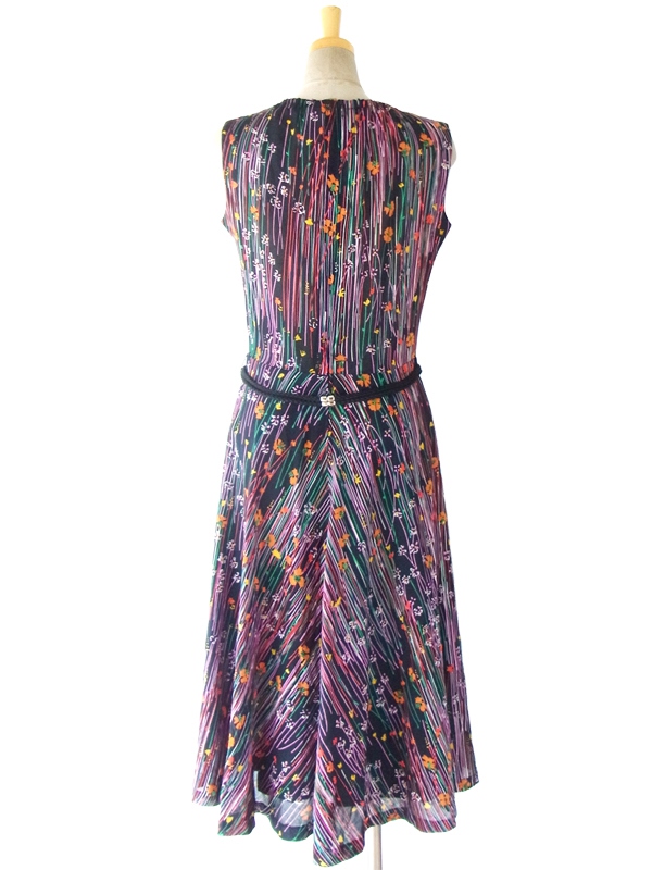 ヨーロッパ古着 ロンドン買い付け 60年代製 シックなブラック X カラフル花柄 ベルト付き　ヴィンテージ ワンピース 15BS116