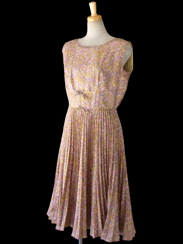 ヨーロッパ古着 ロンドン買い付け 60年代製 イエロー・グレージュ・ピンク 花柄幾何学風プリント ワンピース 15BS229