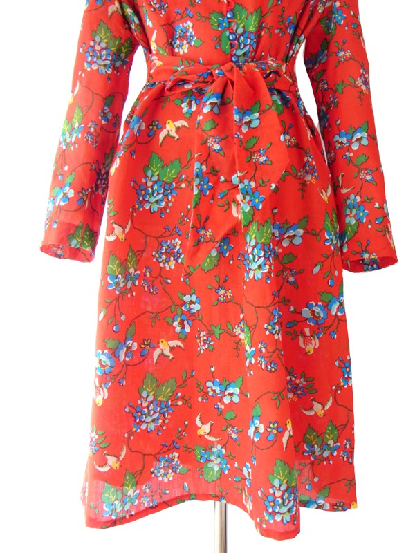 ヨーロッパ古着 ロンドン買い付け 60年代製 レッド X 可愛らしい小鳥とお花のプリント ヴィンテージ ワンピース 15BS236