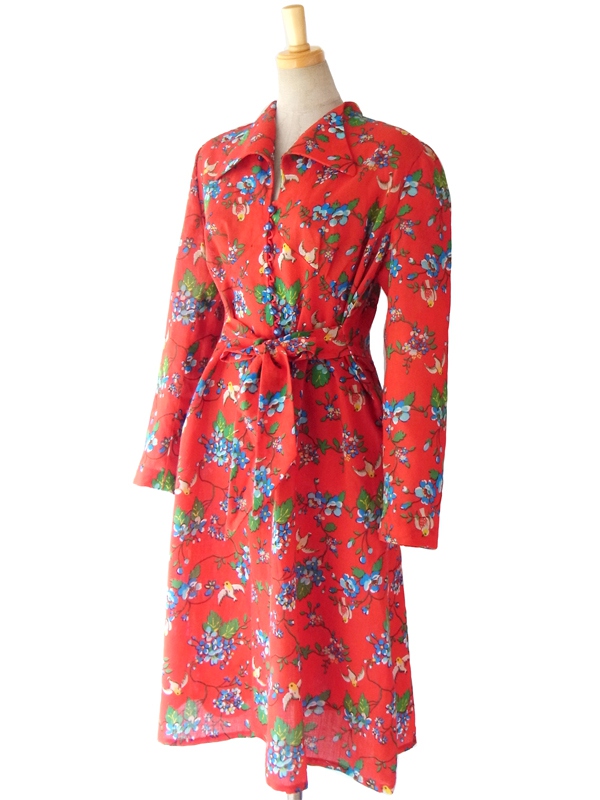 ヨーロッパ古着 ロンドン買い付け 60年代製 レッド X 可愛らしい小鳥とお花のプリント ヴィンテージ ワンピース 15BS236