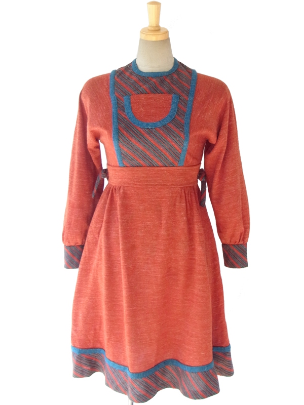 ヨーロッパ古着 ロンドン買い付け 60年代製 ブラウン X ブルー ・グリーン ストライプ レトロ ワンピース 15BS304