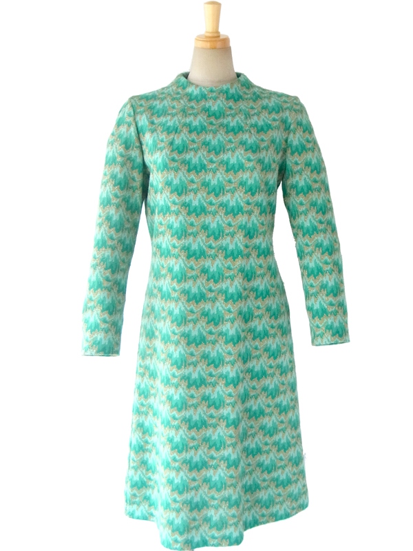 ヨーロッパ古着 ロンドン買い付け 60年代製 水色 X エメラルドグリーン・ラメ入りゴールド ジャガード編み ワンピース 15BS309