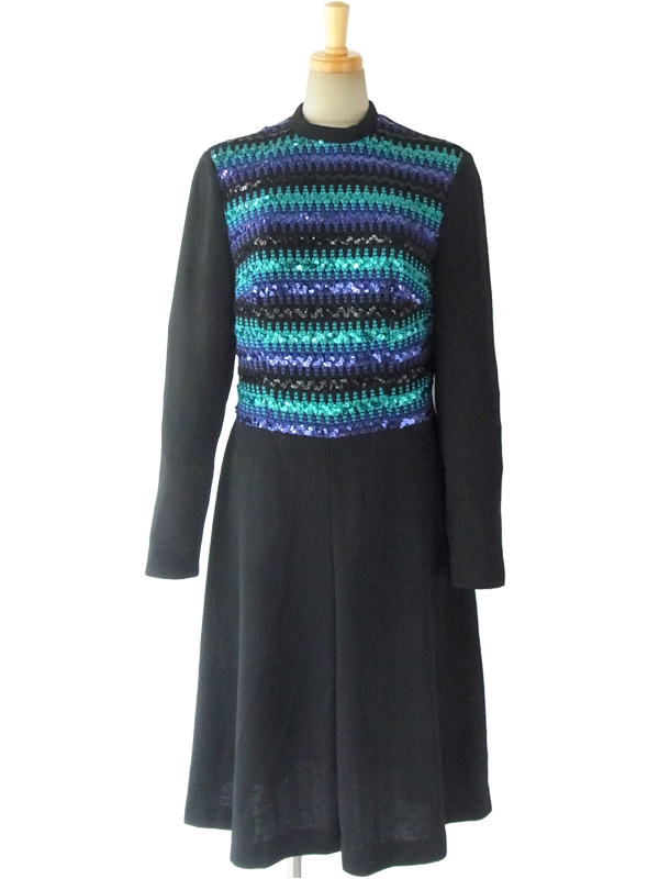 ヨーロッパ古着 ロンドン買い付け 60年代製 ブラック X ブルー・パープル ニット切り返し スパンコール ワンピース 15BS319