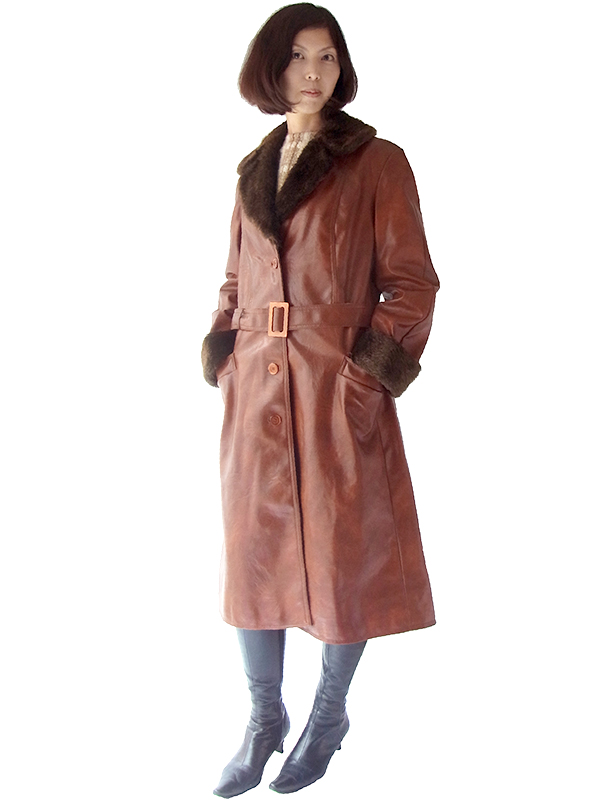 ロンドン買い付け 60年代製 ブラウン X ラビットファー襟・袖　ヴィンテージ レザーコート 15BS322