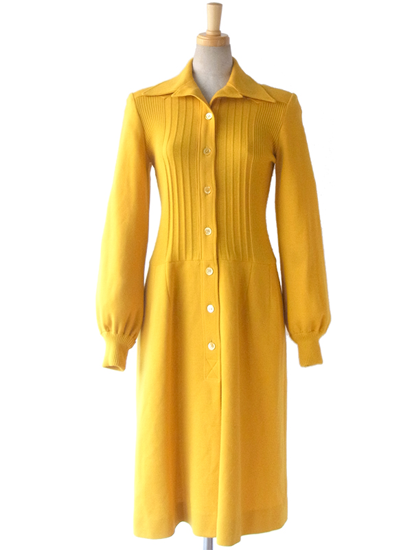 ヨーロッパ古着 60年代フランス製 イエロー リブ切り替えし  ウール レトロワンピース 15BS400