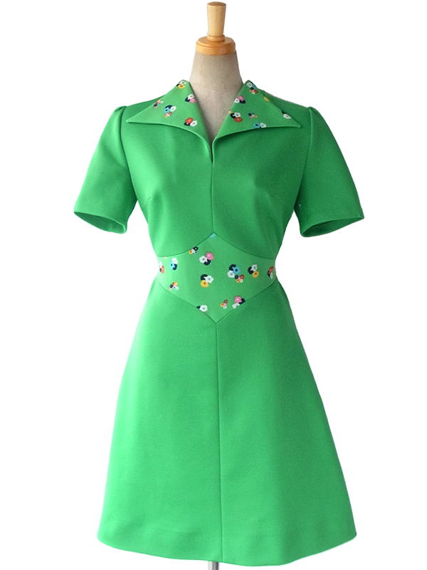 ヨーロッパ古着 ロンドン買い付け 60年代製 グリーン X 花柄生地切り返し レトロ ワンピース 15BS410