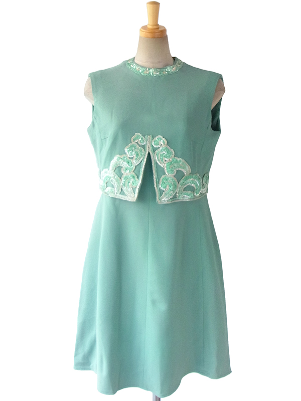 ヨーロッパ古着 ロンドン買い付け 60年代製 エメラルドグリーン スパンコール飾り 梨地ウール ワンピース 15BS411