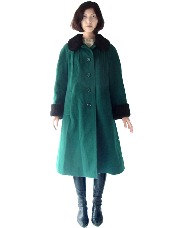 ロンドン買付 ６０年代製 グリーン X ブラック ファー襟・袖 ヴィンテージ ウールコート 15BS439