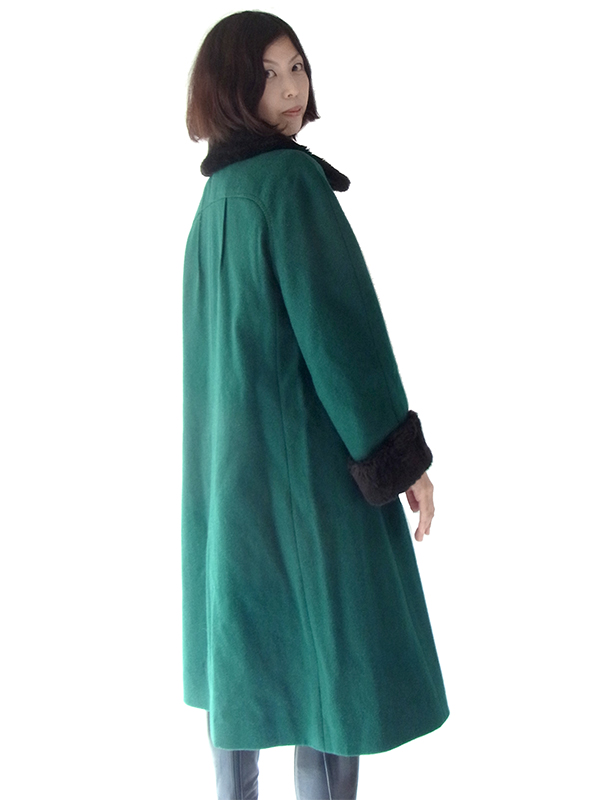 ロンドン買付 ６０年代製 グリーン X ブラック ファー襟・袖 ヴィンテージ ウールコート 15BS439