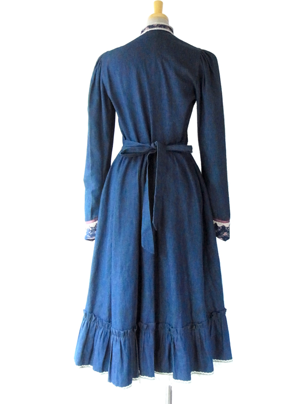 送料無料】70年代製 GUNNE SAX ブルー X 花柄生地切り替え  