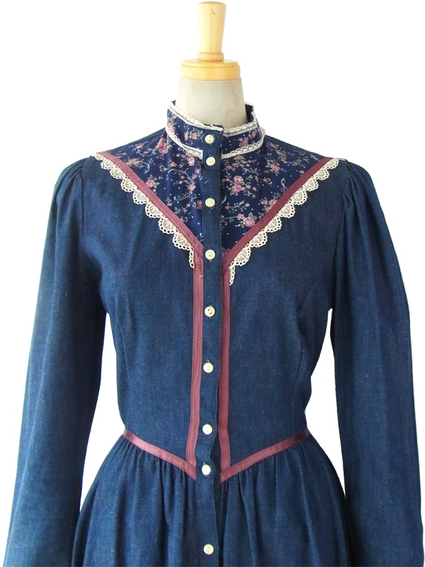 送料無料】70年代製 GUNNE SAX ブルー X 花柄生地切り替え  