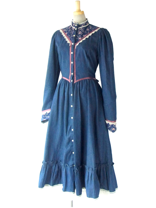 70年代製 GUNNE SAX ブルー X 花柄生地切り替え ヴィンテージ デニムドレス