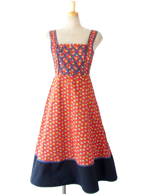 ヨーロッパ古着 フランス買い付け 60年代製 レッド X ブルー縁取り カラフル花柄 ヴィンテージ ワンピース 15FC207