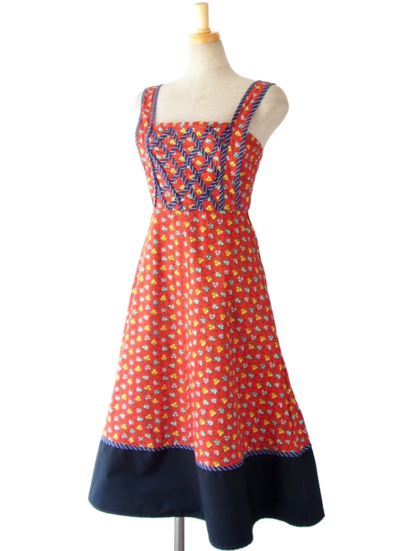 ヨーロッパ古着 フランス買い付け 60年代製 レッド X ブルー縁取り カラフル花柄 ヴィンテージ ワンピース 15FC207