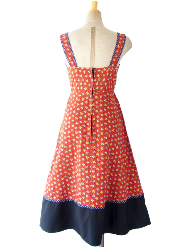 ヨーロッパ古着 フランス買い付け 60年代製 レッド X ブルー縁取り カラフル花柄 ヴィンテージ ワンピース 15FC207