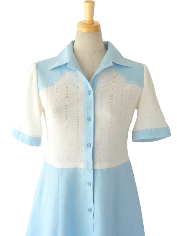 ヨーロッパ古着 60年代フランス製 CAROLINE RHOMER 水色 X ホワイト ニット生地切り返し ワンピース 15FC209