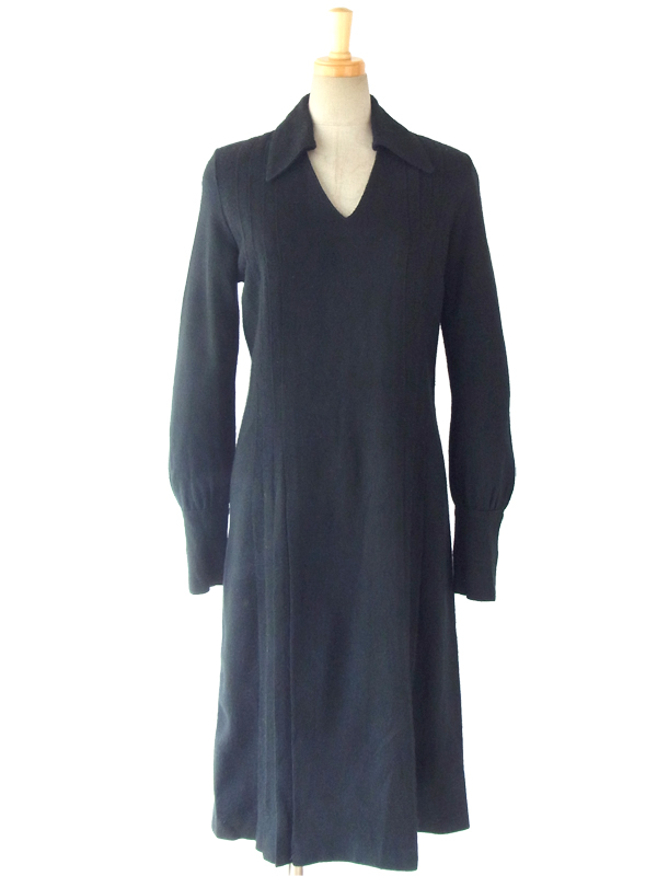 60年代フランス製 ブラック X プリーツデザイン ヴィンテージ ウール ワンピース 15FC406