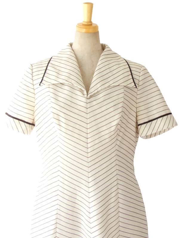ヨーロッパ古着 ロンドン買い付け 70年代製 生成り X ブラウン バイアス ステッチ ヴィンテージ ワンピース 15OM010
