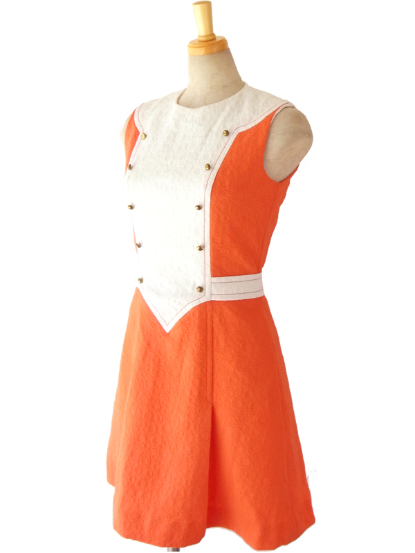 ヨーロッパ古着 ロンドン買い付け 60年代製 オレンジ X ホワイト生地切替 レトロデザイン モッズ ワンピース 15OM103