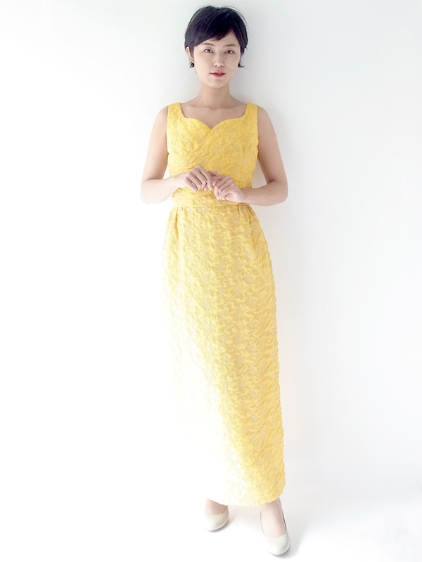 ロンドン買い付け 60年代製 レモン色 X シルバーラメ糸花柄刺繍 マキシワンピース 15OM402