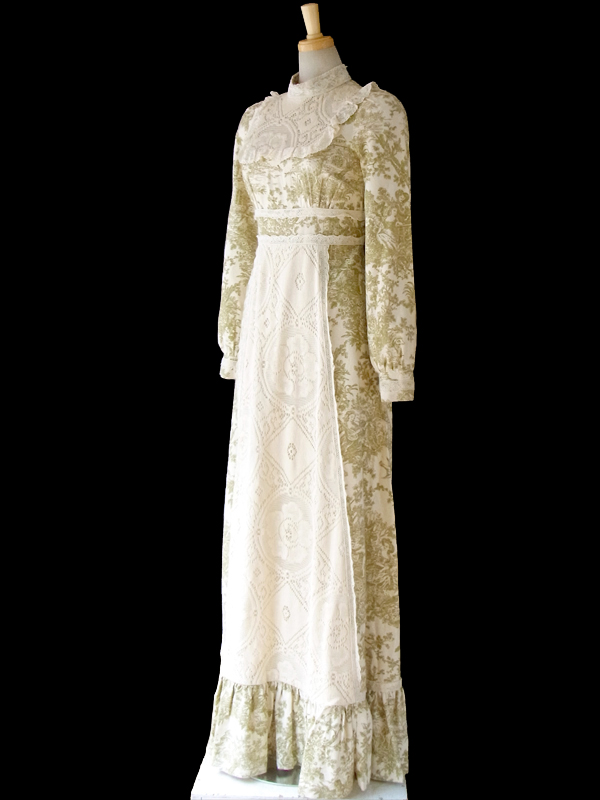 70年代アメリカ製 GUNNE SAX ベージュ色 X グリーン 牧歌的な中世のイラスト カットレース マキシワンピース 15SP006