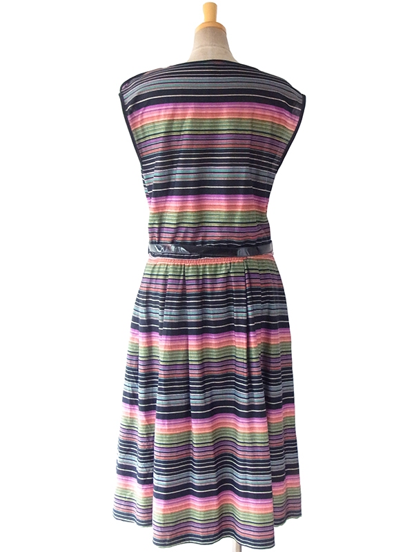 ヨーロッパ古着 ロンドン買い付け ブラック X マルチカラー ボーダーデザイン ベルト付き ヴィンテージ ワンピース 16BS012