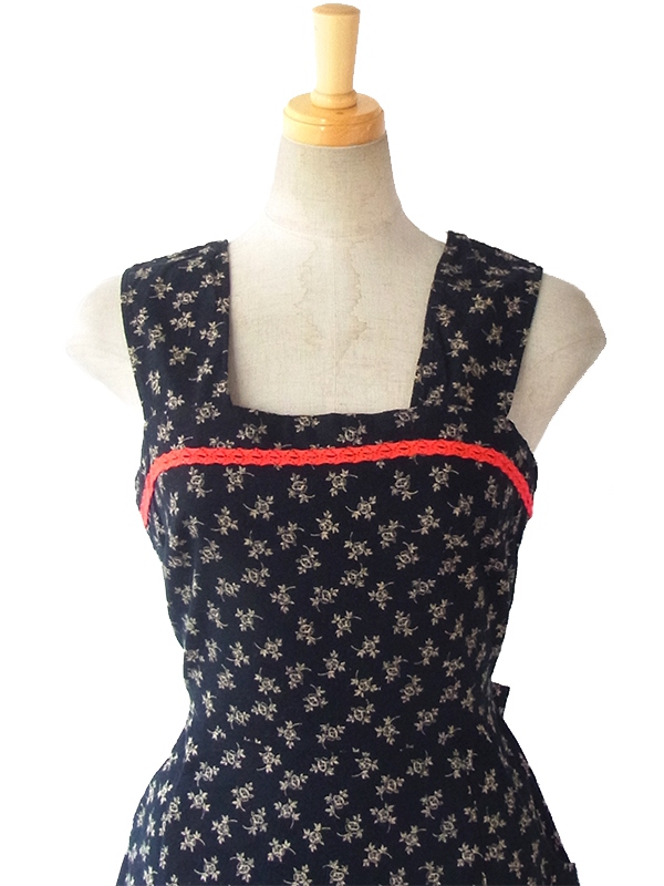 ヨーロッパ古着 ロンドン買い付け 60年代製 ブラック X イエロー小花柄 レッド テープ縁取りヴィンテージ ワンピース 16BS015