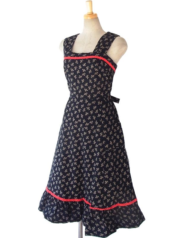 ヨーロッパ古着 ロンドン買い付け 60年代製 ブラック X イエロー小花柄 レッド テープ縁取りヴィンテージ ワンピース 16BS015